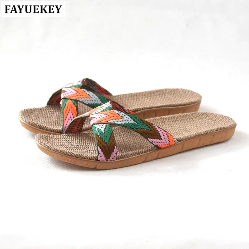 

FAYUEKEY Women Summer Home Linen Candy Colors Breathable Slippers Indoor Floor Beach Flax Slides Sandals Flat Shoes