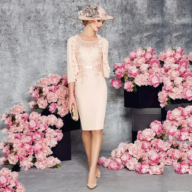 

2019 Sheath O-Neck Knee-Length Mother of the bride dresses Half Sleeve With Jacket Appliques Evening dress Vestido mae da noiva