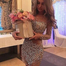 Vestido de festa Abendkleider Gerade Lange Hülsen O Neck Schweres Voll Perlen Kristall Pailletten Sparkly Short Prom Kleider
