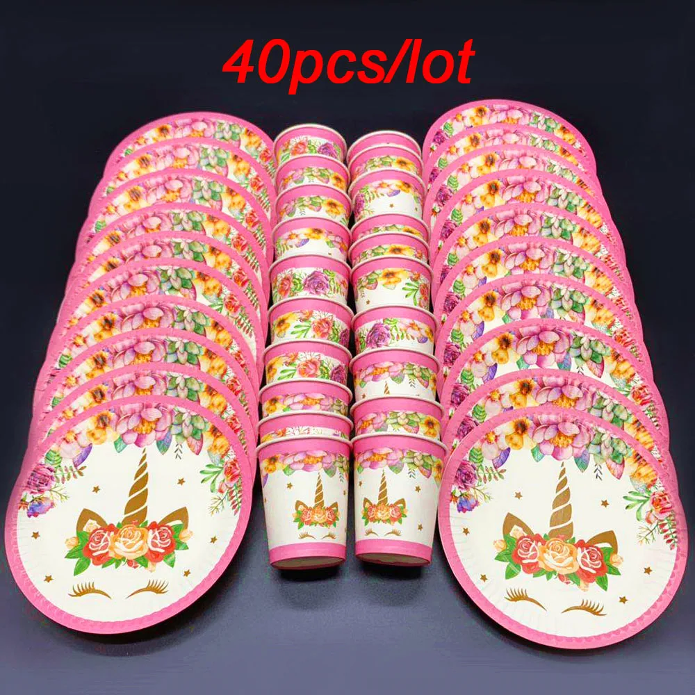 20/40PCS Happy birthday decoration disposable tableware set with Unicorn party plates cups for kids