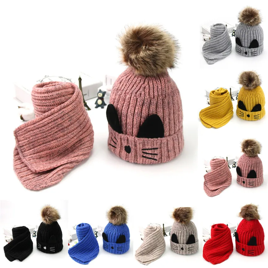 

2 cute hats toddler baby girl winter fashion warm knitted cat hair ball cap + scarf 3-10 years old children 132 * 15cm 2018