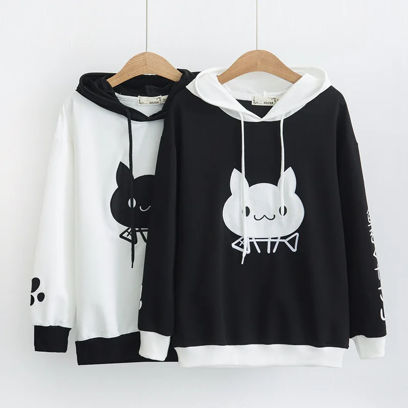 2018 Women Autumn Fashion Hoodies Pullover Japanese Cat Words Hoodies
