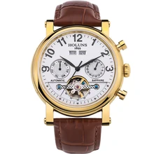 Горячая Распродажа, подлинные модные деловые мужские механические часы, водонепроницаемые, с кожаным ремешком, роскошный минималистичный стиль