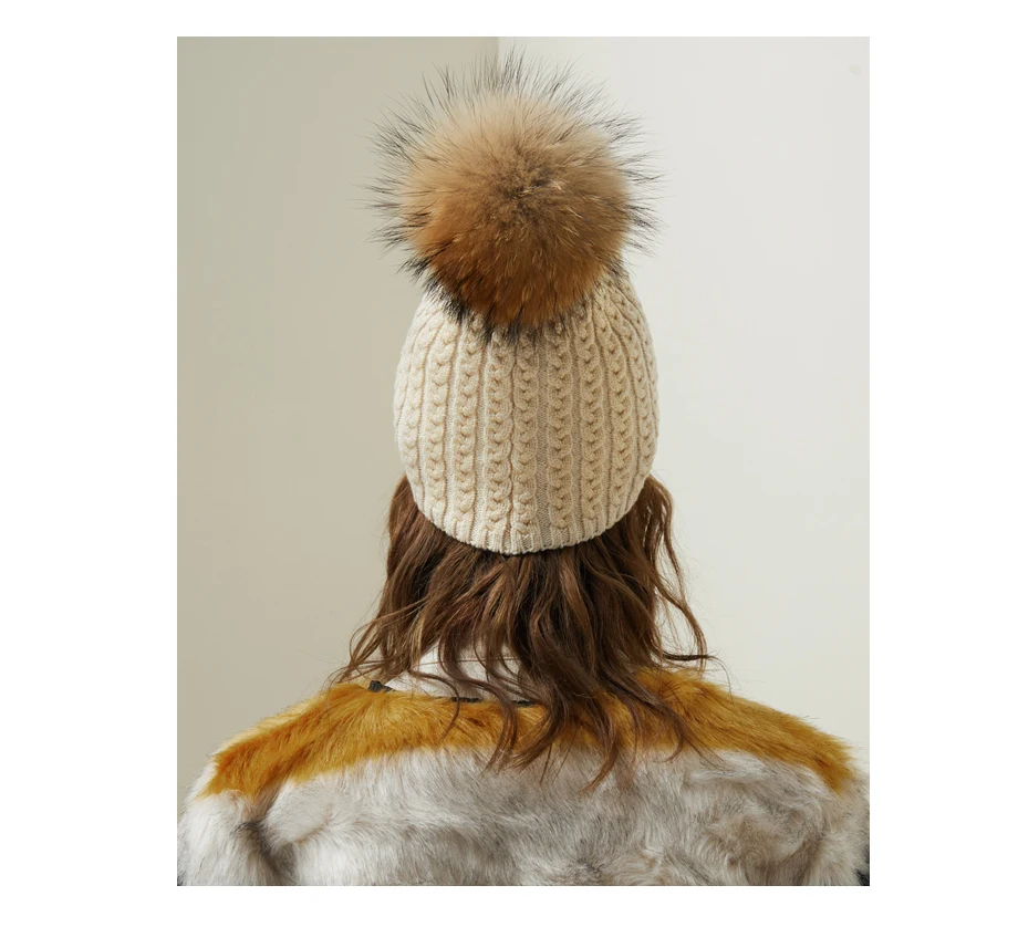 Winter Hats For Women Warm Beanie Real Fur Pompom Wool Hat Female Twist-Type Cap Bright Silk Beanies Women's Hat 5 Colors (16)