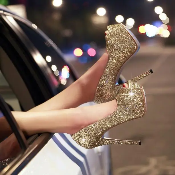 Big Size 10 Bling Bling Gold Glitter Embellished High Heel Shoes Peep Toe Platform Pumps For Women Slip-on Party Dress Shoes Big Size 10 Bling Bling Gold Glitter Embellished High Heel Shoes Peep Toe Platform Pumps For Women Slip-on Party Dress Shoes