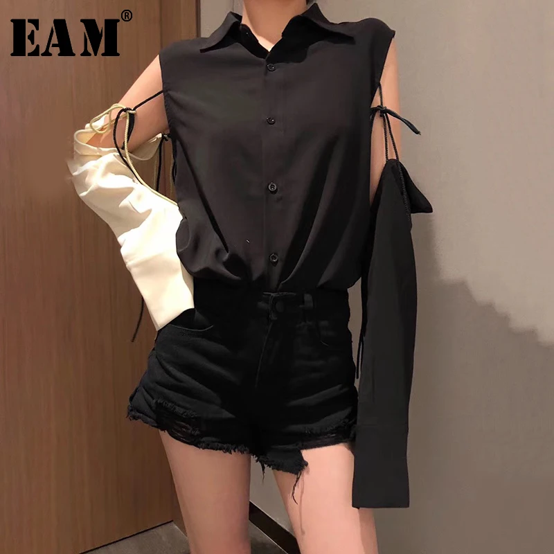 

[EAM] 2019 New Autumn Winter Lapel Long Sleeve Black Hollow Out Hit Color Personality Shirt Women Blouse Fashion Tide JU807