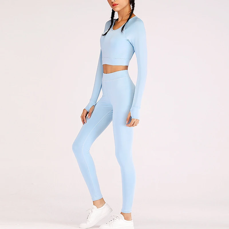 

Women Tops with Pants Yoga Suit Backless Long Sleeves High Waist Clothing Set ED-shipping