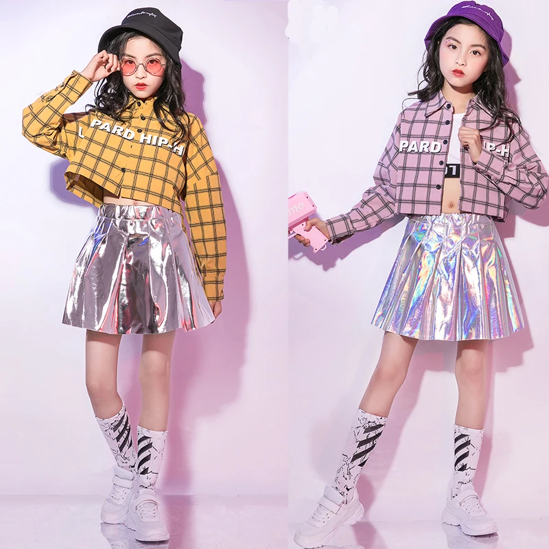 

Hip Hop Dance Costume Girls Streetwear Jazz Dancing Clothes Kids Yellow Long Sleeve Plaid Shirt Performance Outfits DNV11477