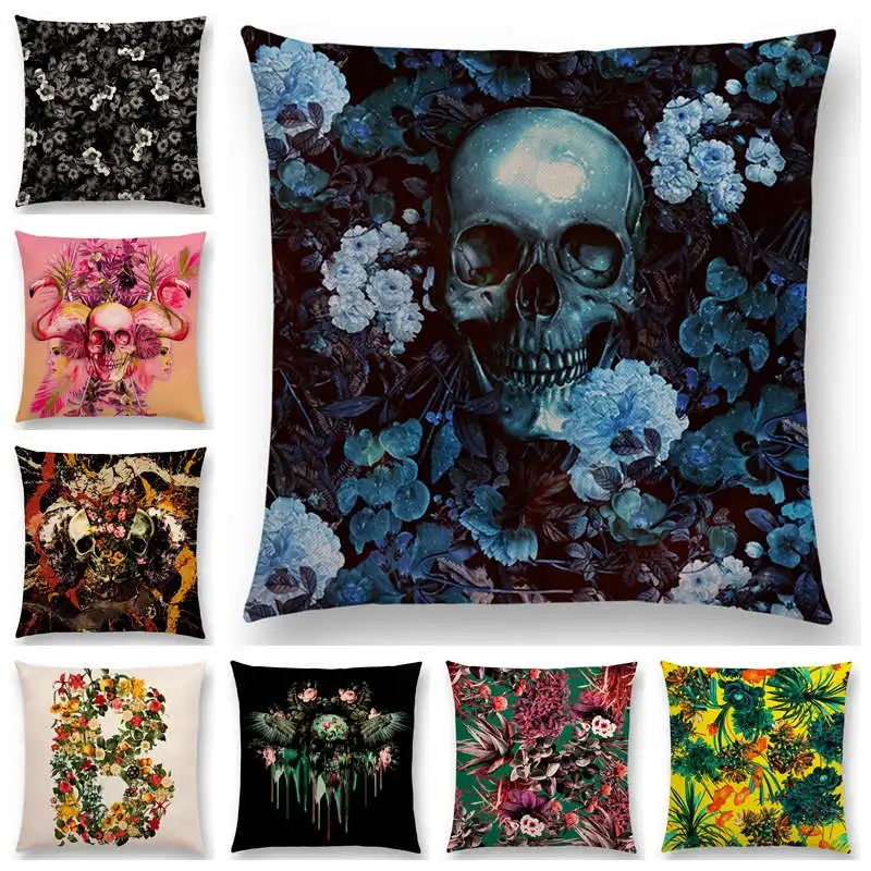 

Hot Sale Gorgeous Death Beautiful Skull Floral Garden Colorful Flower Meaning Of Life Cushion Cover Car Sofa Throw Pillow Case