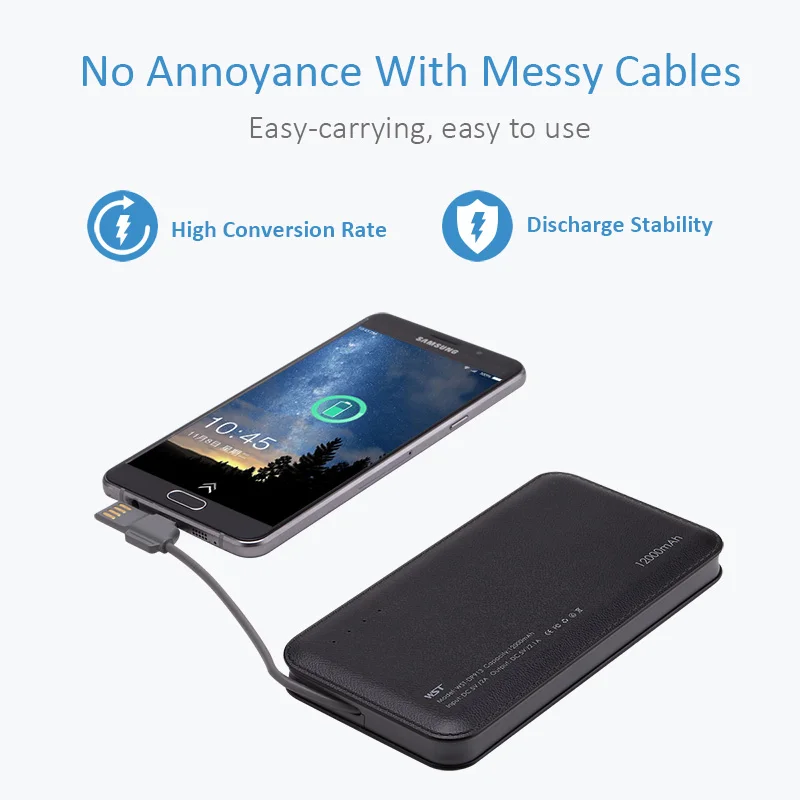 WST 12000mAh Power Bank Built-in Cable Portable Battery Charger for Android IOS Devices Li-Polymer Mobile Portable Battery Pack