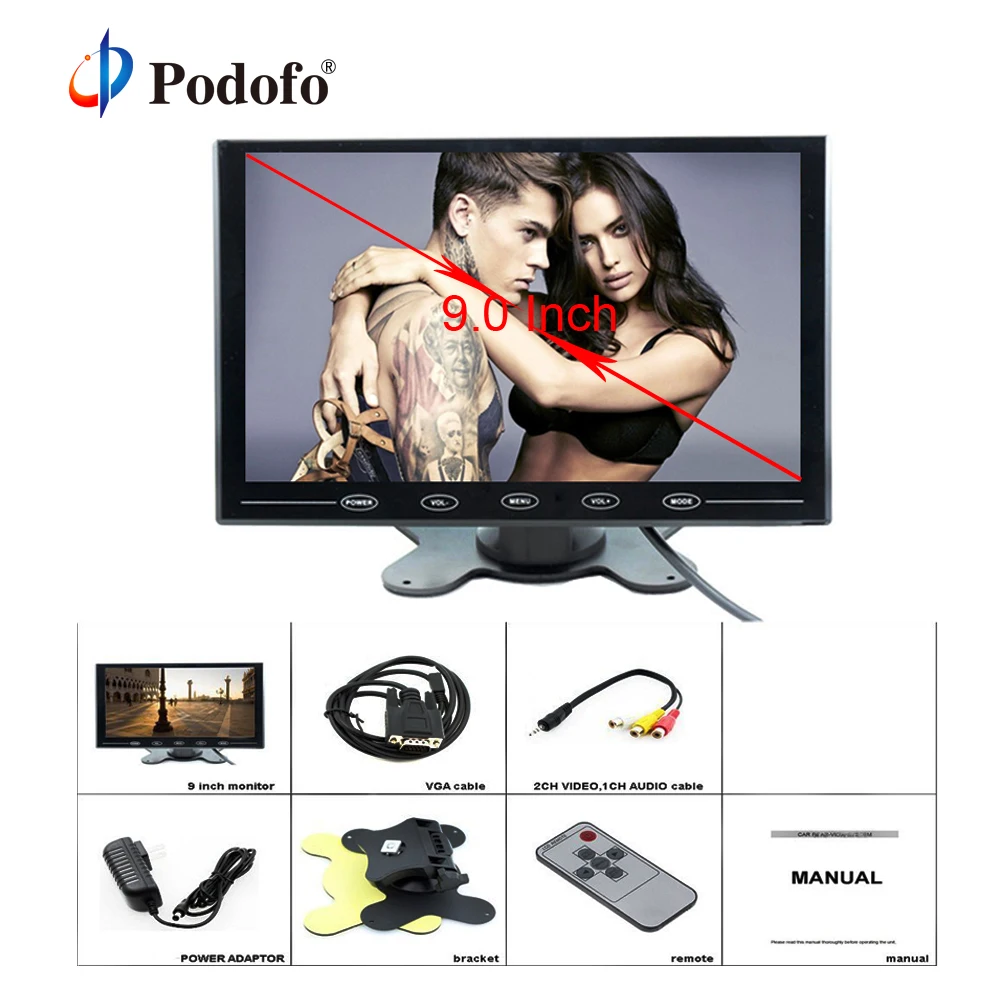 

Podofo 9 Inch TFT LCD Car Monitor Reverse Rear View Monitor HD Color Screen 2 Video Input / HDMI / VGA Support Mini PC Display