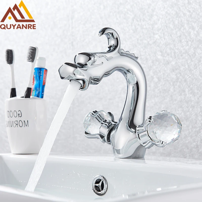 quyanre wanfan Chinese Dragon Basin Faucet Bathroom Vessel Sink Mixer Tap Deck Mounted Dual Crystal Handle Hot Cold Water Mixers