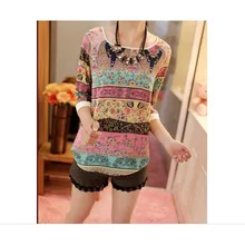 Women Chiffon Blouses Shirts Summer Boho Print Ladies Tops Casual O-Neck Blouse Female Blusas Camisas Mujer Plus Size