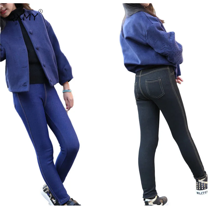 Весенние детские обтягивающие Стрейчевые джинсы для девочек кашемировые штаны узкие эластичные леггинсы для малышей поддельные джинсовые джеггинсы, синие Black2-10T