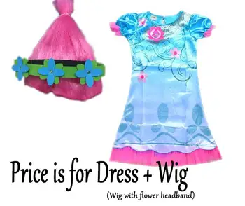 

2017 NEW Party Supplies Trolls Poppy Dress + Wig Set for Kids Summer Birthday Party Cosplay Set + 20pcs Trolls Tattoo Sticker