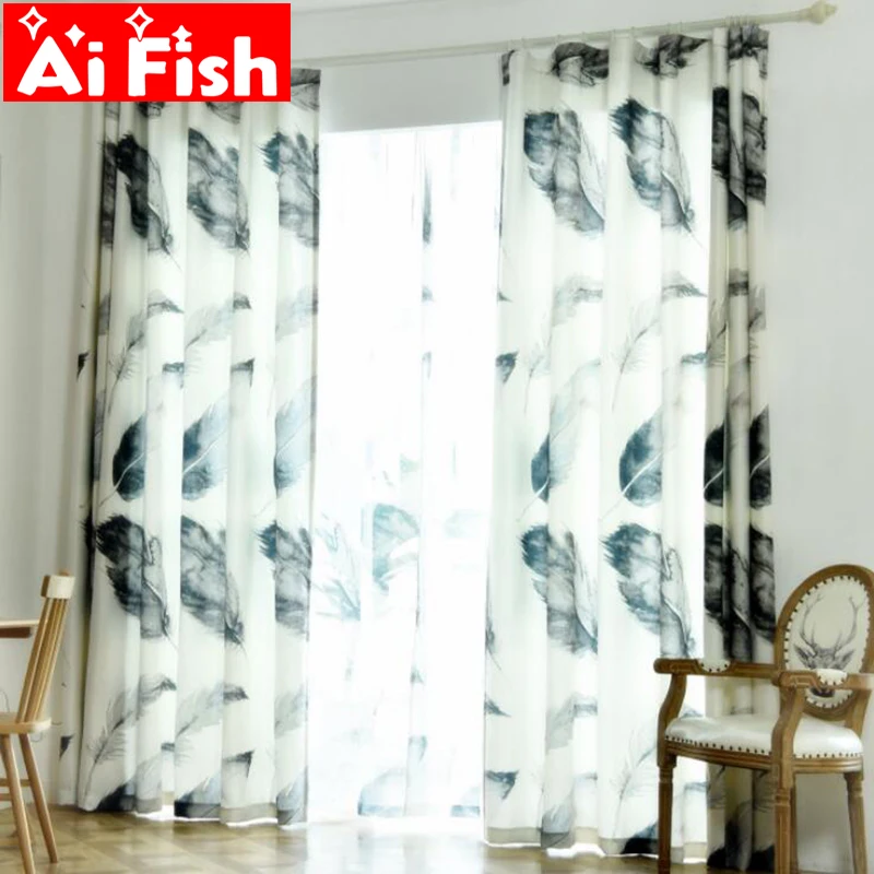 

Nordic New Creative Minimalist Grey Feathers Curtains For Living Room Customize Blue Print Tulle Drapes For Bedroom DF061-30