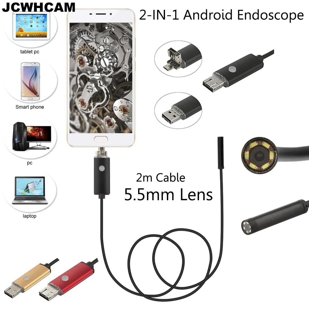 JCWHCAM 5,5 mm Android USB endoskop kamera 1/2/5 / 10M Flexibilní Snake Tube Inspection Smart Android telefon OTG USB Borescope fotoaparát