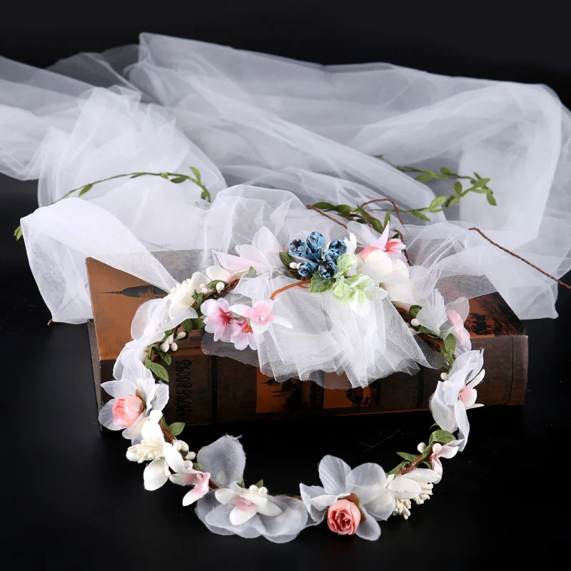 

Handmade Blueberry Women Noiva Headband White Veil Fabric Flower Bridal Hair Band Headpiece Wedding Crown Hair Accessories BH