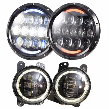 

Set 7 Inch 105W LED Headlights White DRL/Amber Turn Signal Halo Ring with 4 Inch Fog Lights Red Demon Eyes 30W for Jeep Wrangler