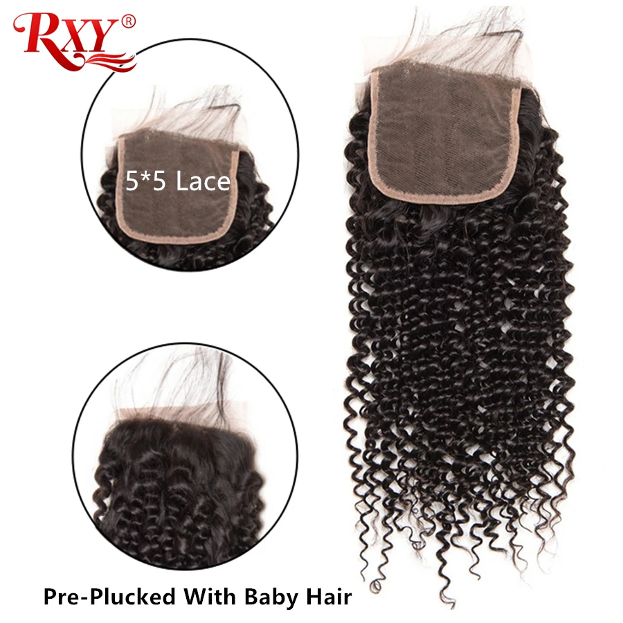 Kinky Curly Hair 5x5 Lace Closure RXY Remy перуанские человеческие волосы Curly Closure предварительно выщипанные с детскими волосами 8 "-20" быстрая доставка