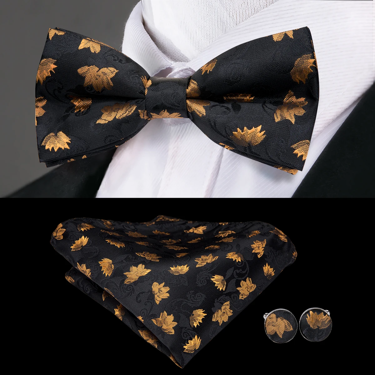 Hi-Tie Classic Party Wedding Bow Tie Set Butterfly Tie Gold Floral Handkerchief Cufflinks Ties High Quality Silk Bowtie F-787