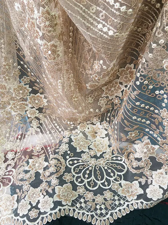 

1 yard champagne gold Sequin Embroidered floral Lace Fabric, high quality sequins lace