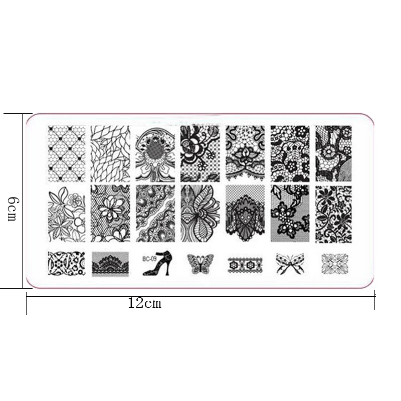Мода ногтей штамповки пластины кружева все серии ногтей штамповки изображения пластины шаблон печати кружева высокий каблук бабочка BC09