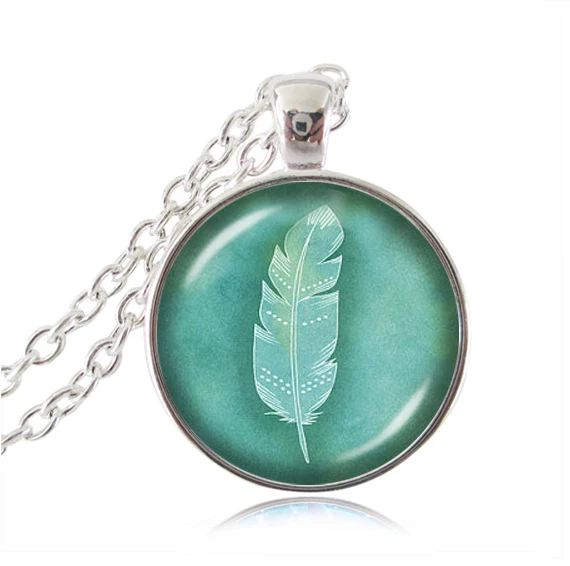 

White feather necklace bird jewelry glass cabochon green pendant silver chain cabochon animal choker neckless bijoux women gifts