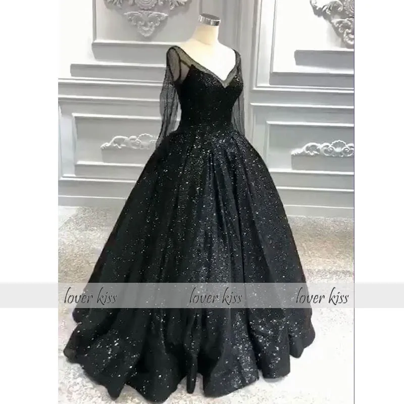 Lover Kiss vestido de novia Потрясающие Готические свадебные платья черные с длинными рукавами Блестящий лиф v-образный вырез, свадебные платья с корсетом на спине