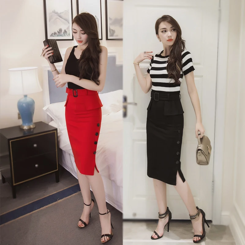 Модные юбки женские миди-юбка с высокой талией красная черная ...