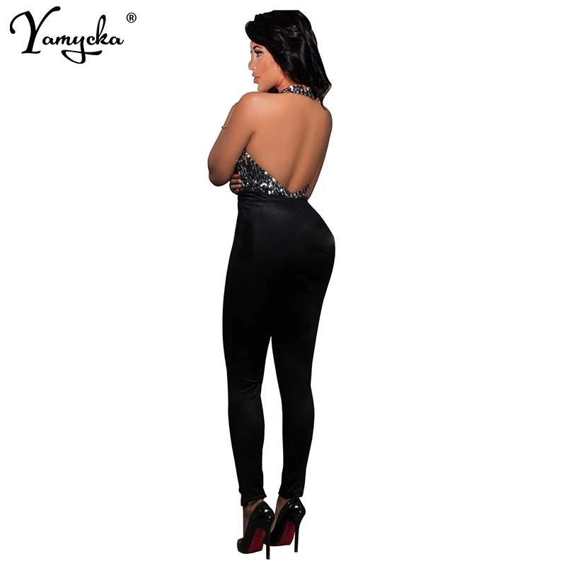 2019 New Summer Silver Sequins Jumpsuit Women Deep V Neck Backless Elegant Sexy Sleeveless Club Romper Long Playsuit Overalls