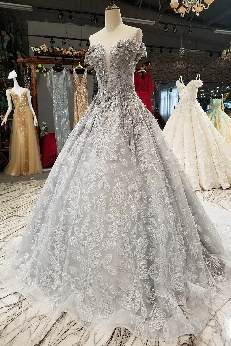 04471 серебряное Свадебное платье из органзы с вышивкой, с рукавами-крылышками, кружевное свадебное платье с объемным цветком