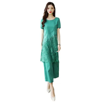 

Two Piece Set Women Green Lace Dress and Wide Leg Pants Sets 2019 New Summer Korean Vintage Fashion Office Loose Slim Set CX867