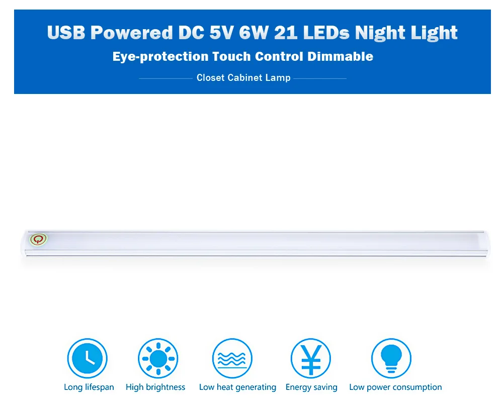 USB Powered DC 5V 6W 21 LEDs Night Light Eye-protection Touch Control Dimmable Closet Cabinet Lamp