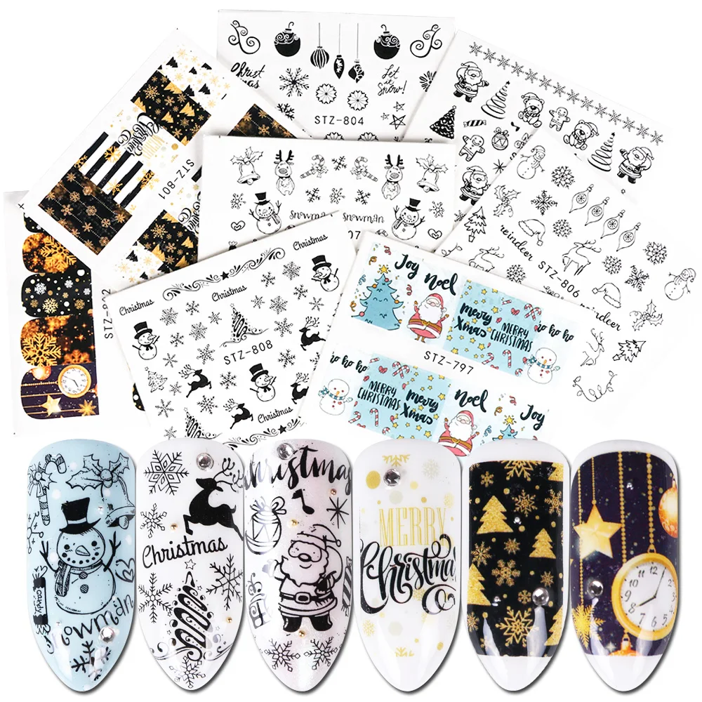

1pcs White Black Nail Art Sticker Christmas Design Water Transfer Decal Watermark Slider Santa Clause Decor Tips JISTZ797-808