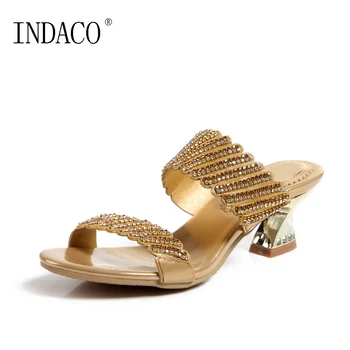 

Women Summer Gold Party Rhinestone Sandals Slip on Hoof Heel Slides 6cm