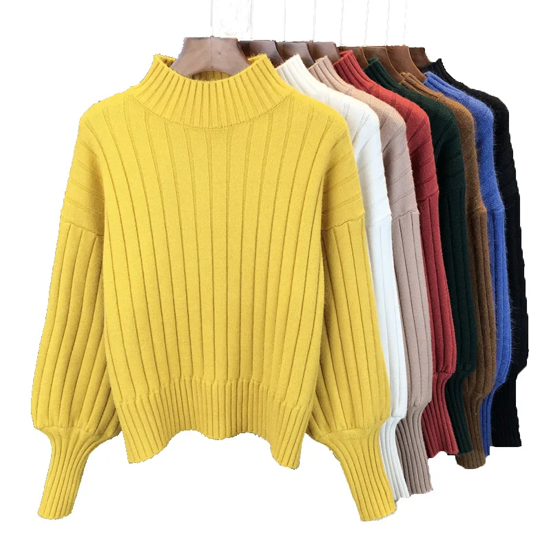 

B3370 2019 spring autumn and winter new fashion women's loose joker short sleeve half-turtleneck knit sweater cheap wholesale