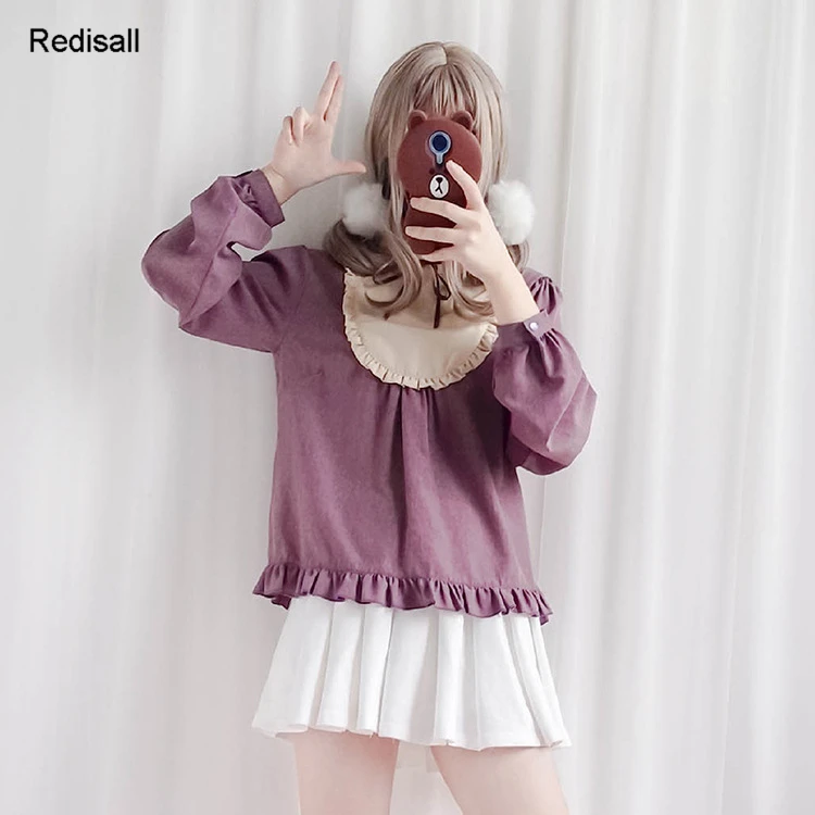 

Elegant Lolita Blouse Violet High Round Collar Lace Women Girls Maid Vintage Long Sleeves Top Shirts
