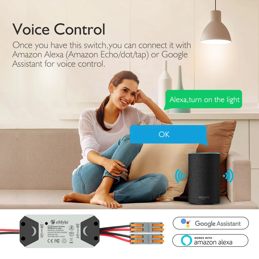 Smart Wifi Switch Relay, eMylo Wireless Remote Control WiFi Light Switch  90-250V One Channel Voice Control Outlet Timer Work with Alexa Google