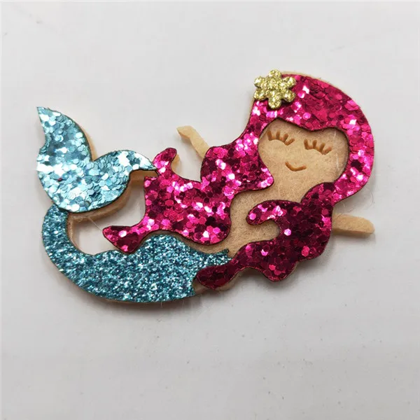 9Pcs/Lot 3.5x5.8cm Glitter Fabric Applique Cartoon Mermaid Nonwoven Padded Patch 