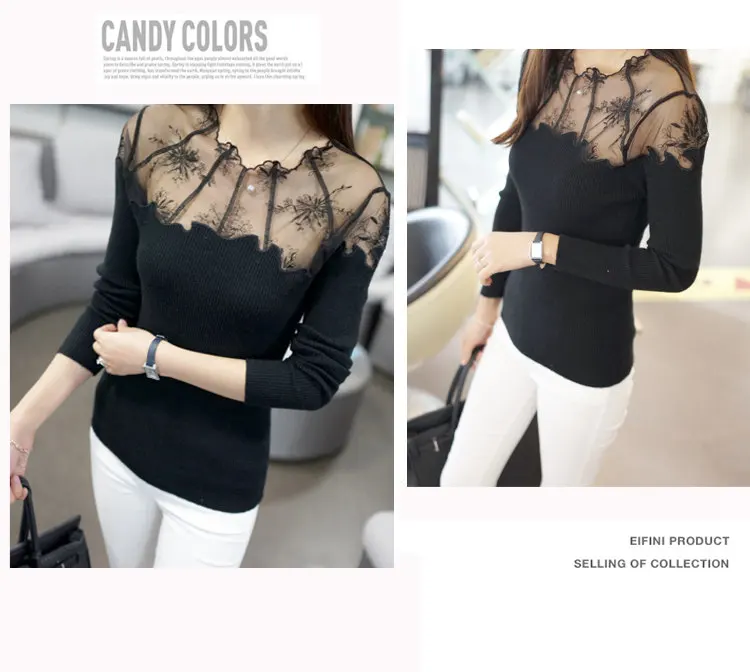 Sexy Slim Pullovers Female 2019 New Long Sleeve Gauze Lace Stitching Sweater Women Fashion Knitted Sweater Sueter Mujer (4)
