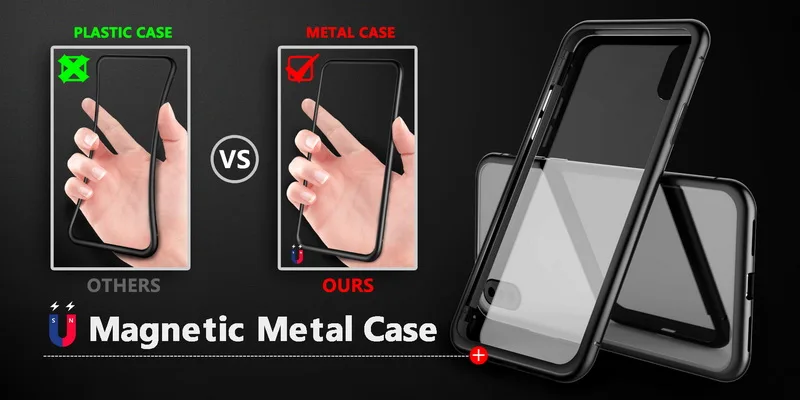 GETIHU Metal Magnetic Case for iPhone XR XS MAX X 8 Plus 7 +Tempered Glass Back Magnet Cases Cover for iPhone 7 6 6S Plus Case -