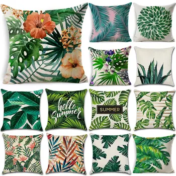 

Tropical Plants Cactus Monstera Cushion Cover Palm Leaf Green Leaves Cotton Linen Car Decorative Pillows Home Pillowcase 40027-1