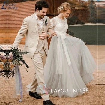 

ZL1047 New Elegant Vintage Short Sleeves Lace Tulle A-Line Wedding Dresses Bridal Gown Celebrity vestido De Noiva robe de mariee
