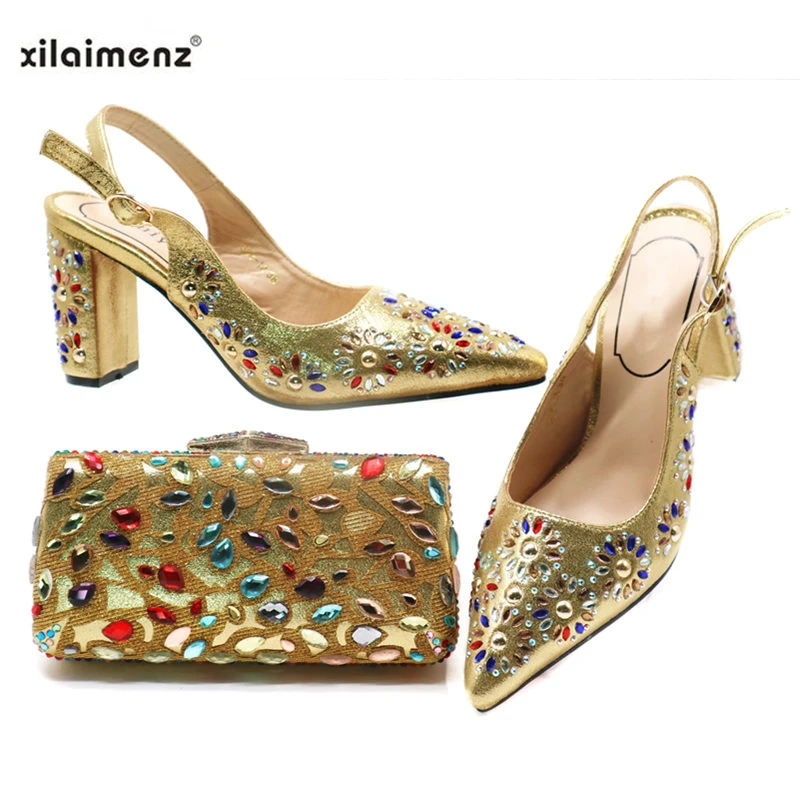 

New Arrival Gold Italian Shoes with Matching Bag Set Decorated with Rhinestones African Shoes and Bag Set To Match for Party