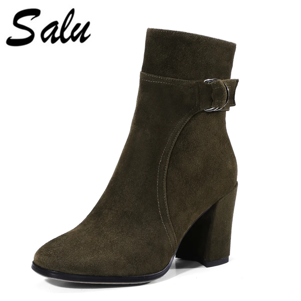 

Salu cow suede Sexy Women Boots Zip High heels Boots Lady Pointed toe Ankle Boots Free shipping