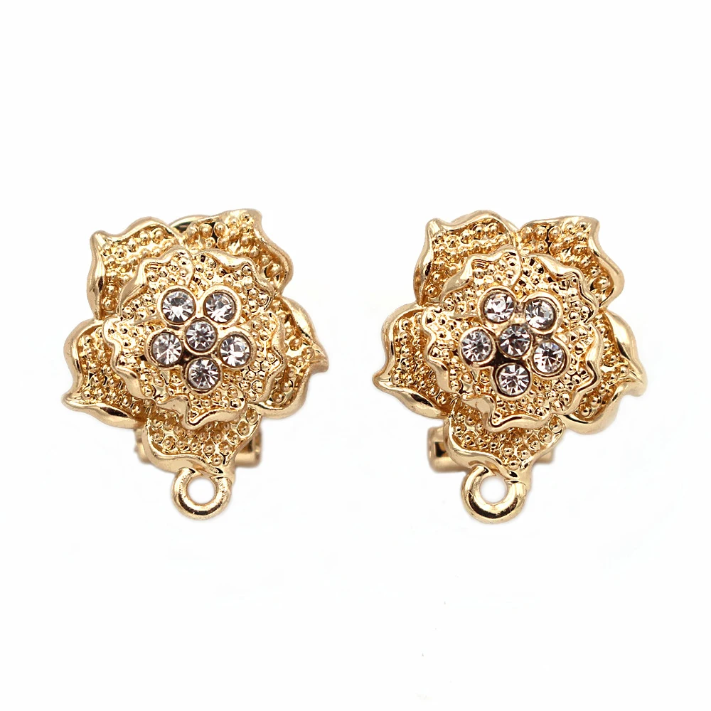 

African Earrings Post with Loop Connectors Paved CZ Flower Dubai Women Wedding Jewelry Ear Clip Clasps Earring Findings DIY 19mm