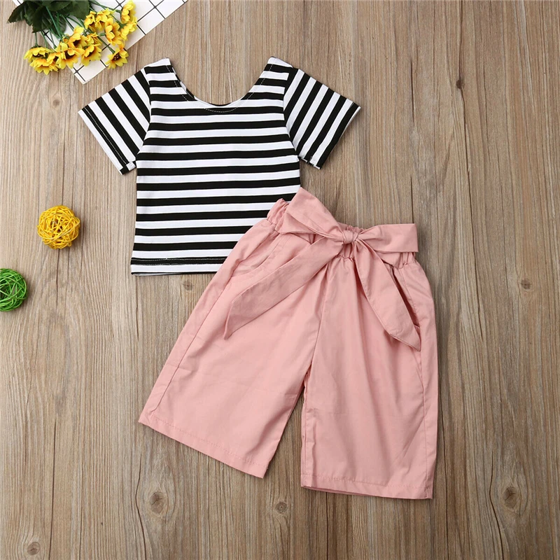Комплект одежды для маленьких девочек; топы в полоску с открытыми плечами; футболка и штаны; леггинсы; комплект детской одежды; детская одежда - Цвет: As photo shows