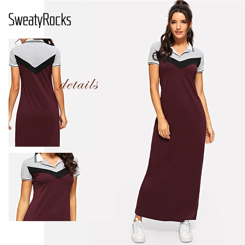 SweatyRocks, длинное платье поло с цветными блоками, уличная одежда, женская повседневная одежда с коротким рукавом,, летнее Бордовое платье макси-рубашка