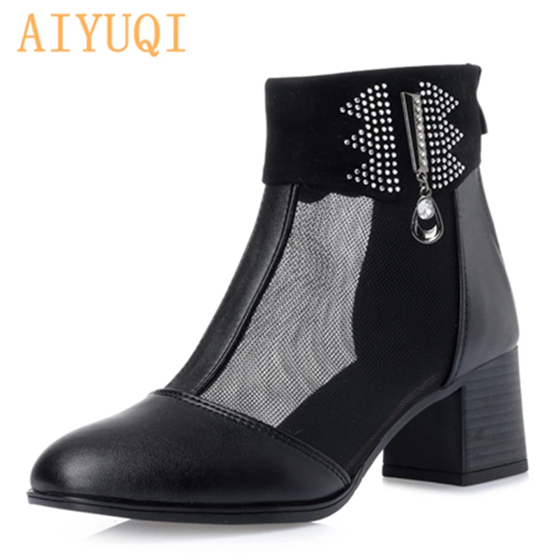 

AIYUQI Women summer genuine Leather Boots, sexy Mesh breathable Brogue Ankle Motorcycle Boots Fashion sandals hollow out shoes